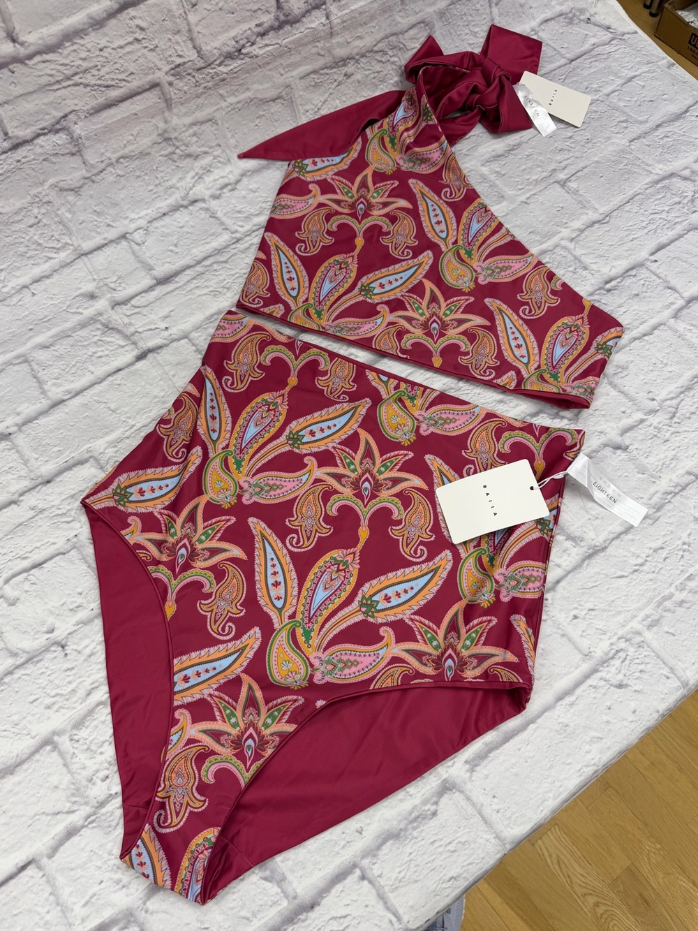 BAIIA One Shoulder Sangria Pink Paisley Reversible Bikini Bottom 18 Top 16 NWT's